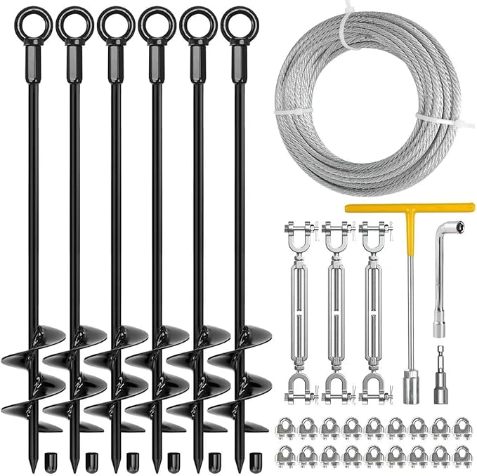 6 Pack 30" Heavy Duty Ground Anchors Shed Anchors Kit with 3/16" Galvanized Cable & M6 304 Stainless Steel Turnbuckles, Earth Anchors for Mobile Home Carport Gazebo Trampoline