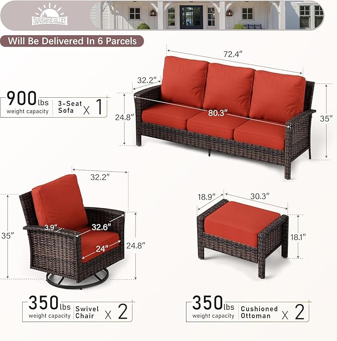 SUNSHINE VALLEY Patio Furniture Set with Swivel Chairs, High Back Wicker Rattan Furniture with 5.5" Thick Cushion and 2 Ottoman, Outdoor Conversation Set for Backyard Deck, Red