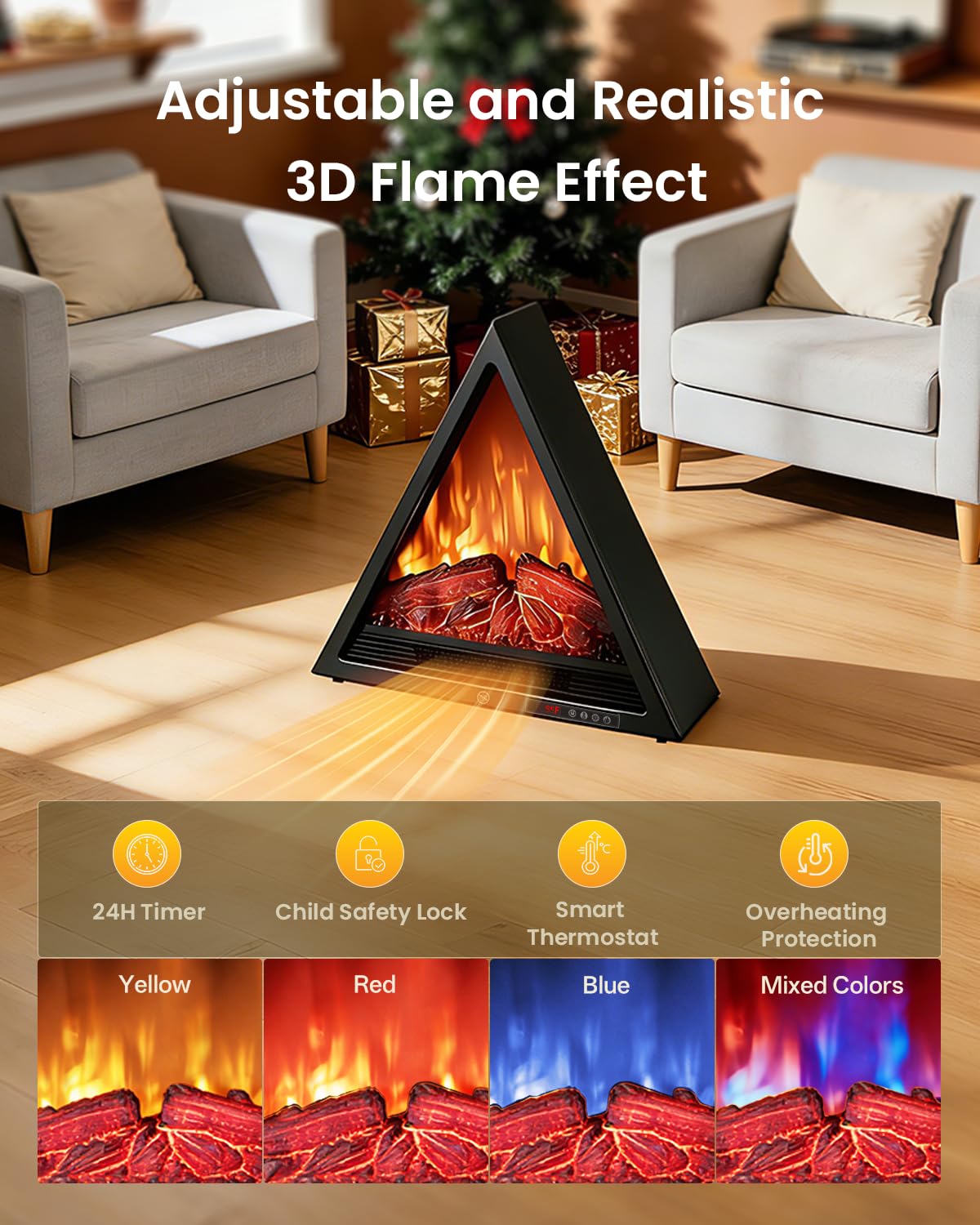 AIRMATE 22in Electric Fireplace Heater, 1500W Triangular Electric Fireplace Insert Logs 24H Timer, Adjustable LED Light & Flame Colors Remote Overheat Protection Fire Places Fireplace