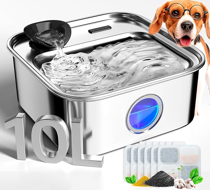 oneisall Dog Water Fountain, 2.6Gal/10L Stainless Steel Dog Water Bowl Dispenser with Deeper Drinking Aera & Washable Filt...