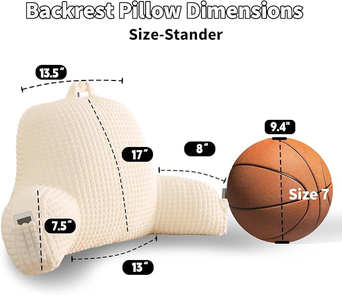 PAJEO Reading Pillow for Sitting in Bed, Large Backrest Reading Pillow with Arm Rest,Back-Rest Support Cushion for Sit Up on Couch, Sofa, and Floor, Dorm Essentials (Cream Flannel, Standard(17inch))