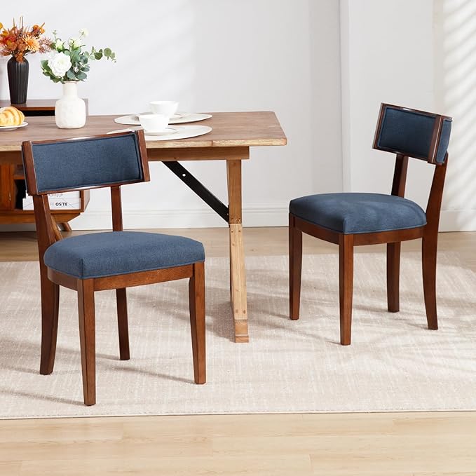 DM Furniture Cozy Upholstered Farmhouse Dining Chair Set of 6, Solid Wood Frame Rustic Side Chair, Curved Back Armless Kitchen Chair for Inviting/Dining/Living Room/Restaurant, Space Saving, Blue