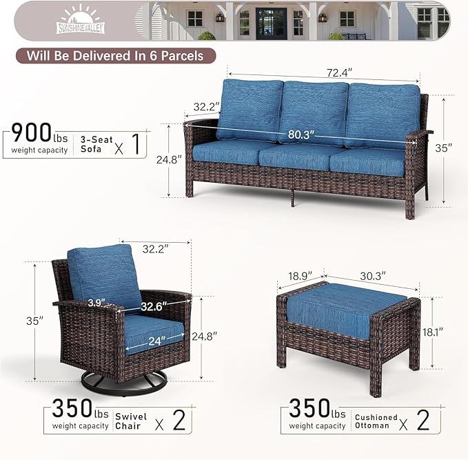 SUNSHINE VALLEY Patio Furniture Set with Swivel Chairs, High Back Wicker Rattan Sofa Chairs with 5.5" Thick Cushion and 2 Ottoman, Outdoor Conversation Set for Backyard Deck, Blue