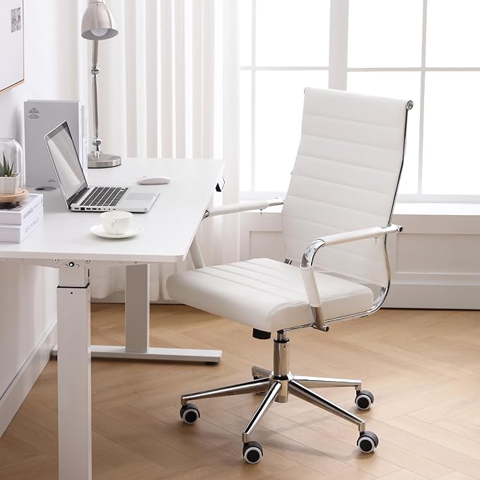 BOWTHY Home Office Chair Ribbed, Modern Leather Conference Room Chairs, Ergonomic Office Desk Chair, High Back Executive Computer Chair, Adjustable Swivel Chair with Arms (White)