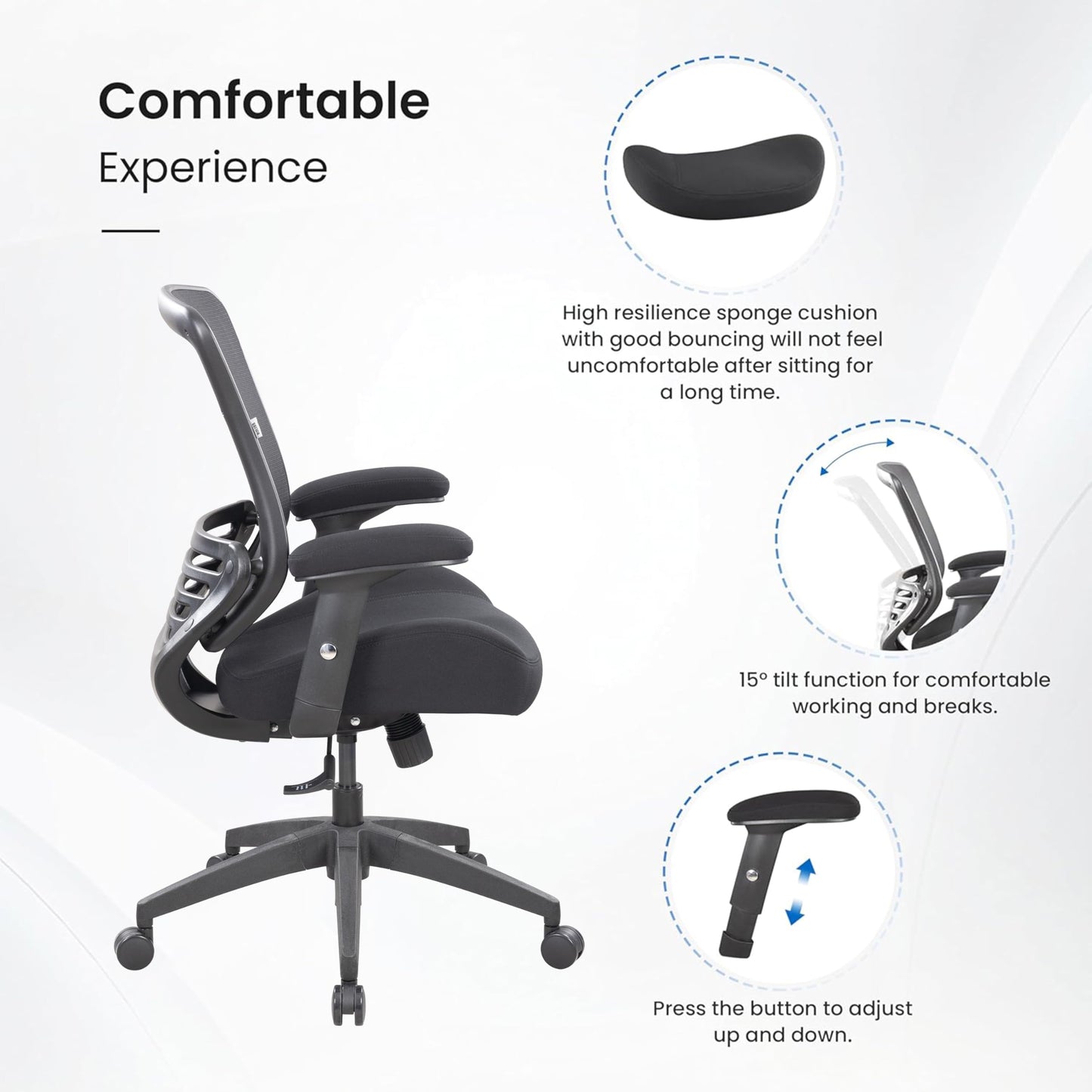 BOLISS Office Chair Mesh Ergonomic Super Soft Thick and Wide Cushion Computer Desk Chair Height Adjustable Arms and Lumbar Support Reduce Back Pain (Black)