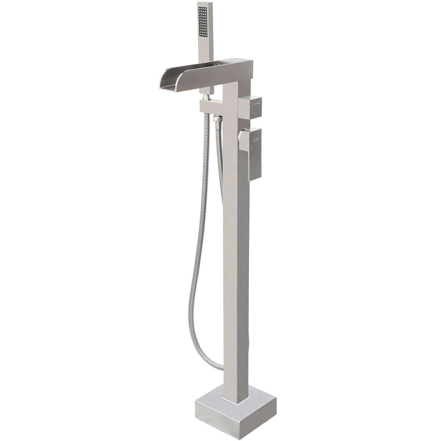 High Flow Freestanding Bathtub Faucet Waterfall Tub Filler Brushed Nickel LLGG 11.9GAL Floor Mount Bathroom Faucets Fillers with Handheld Shower Sprayer RIGOBAL