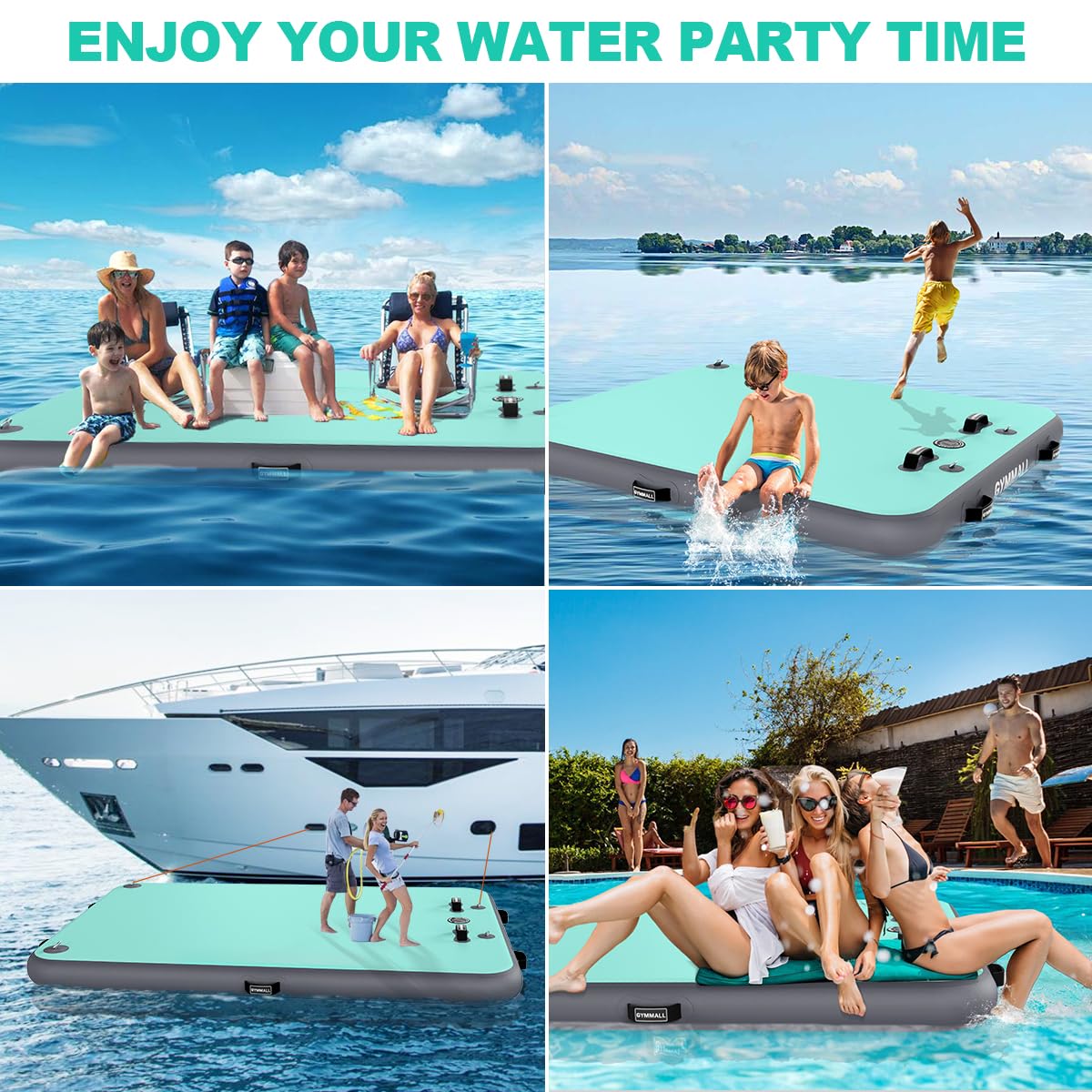 GYMMALL Inflatable Floating Dock Platform, 8ft*6ft Air Dock Platform Floating Island Raft with None-Slip Surface, 6in Thick Water Floating Dock Mat for Swimming Pool Lake Beach Ocean - Gray Green