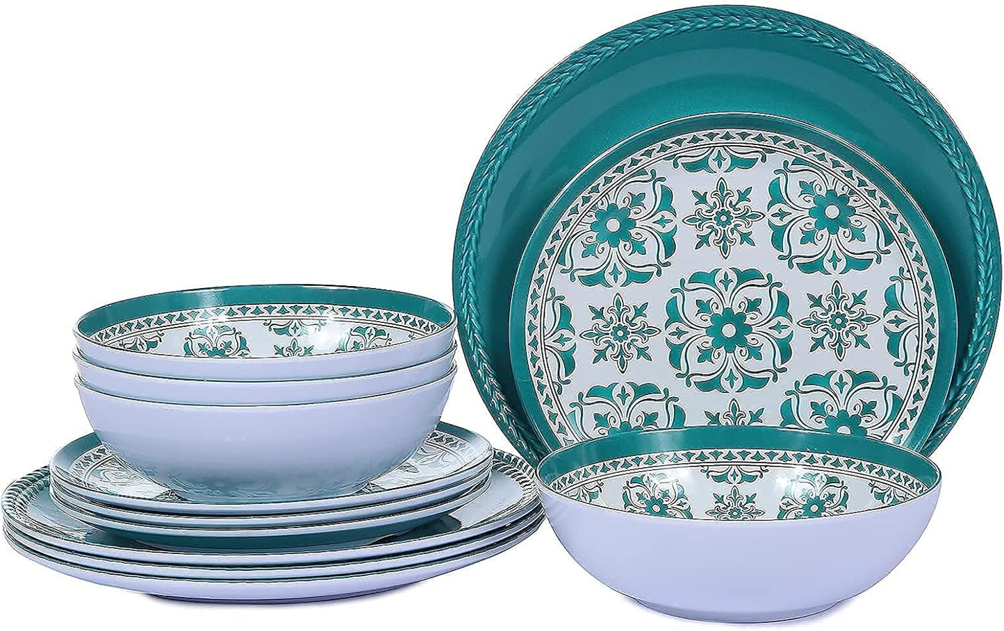 Melamine Dinnerware Set 12-Piece (Service for 4) – Dishwasher Safe, Unbreakable Lightweight Plates & Bowls for Indoor/Outdoor Use – Patio, Kids, Camping