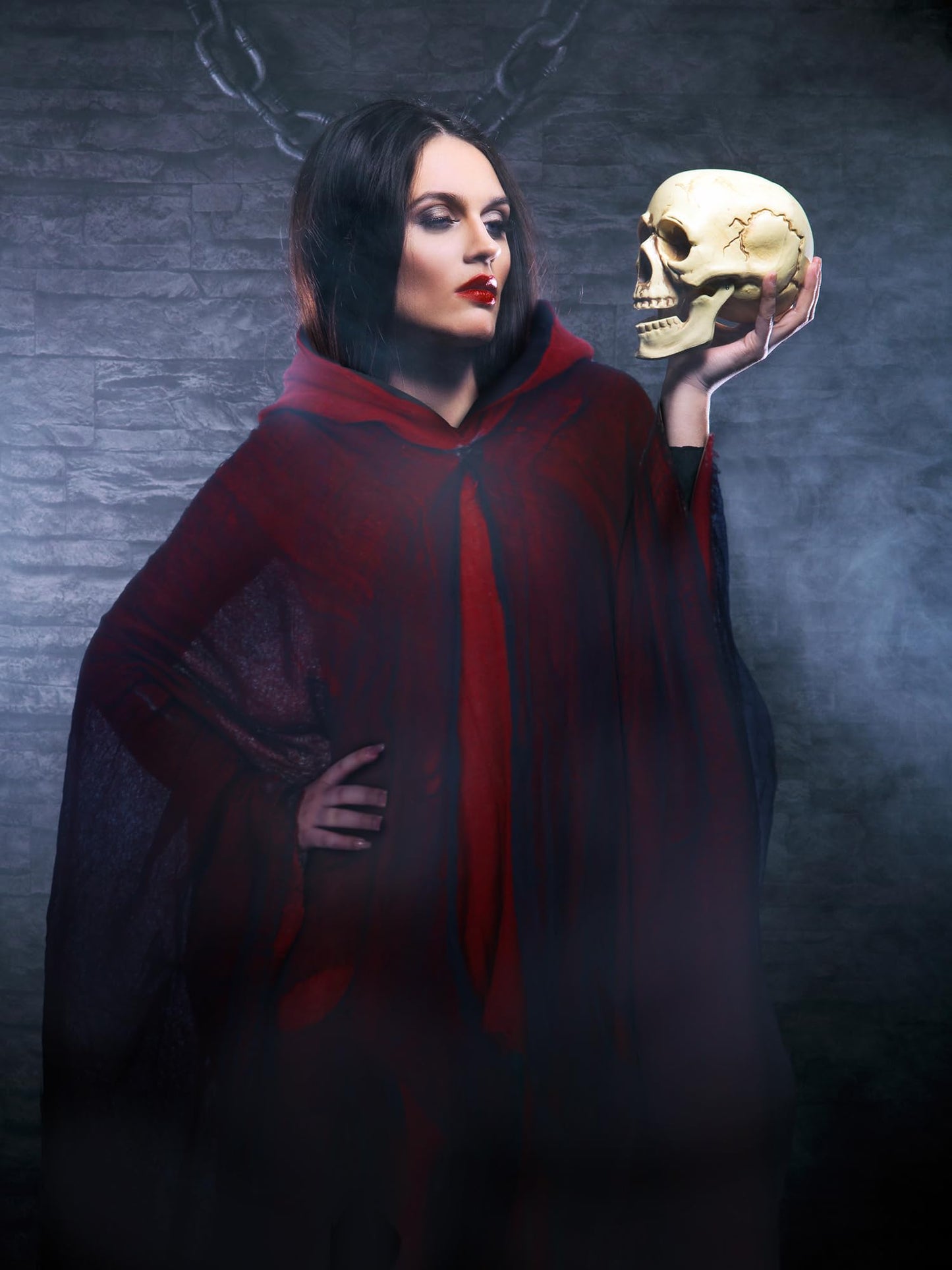 Geyoga 2 Pcs Halloween Hooded Cloak Medieval Renaissance Gothic Wizard Robe Scary Grim Reaper Cosplay Costume for Unisex(Black, Red, L)