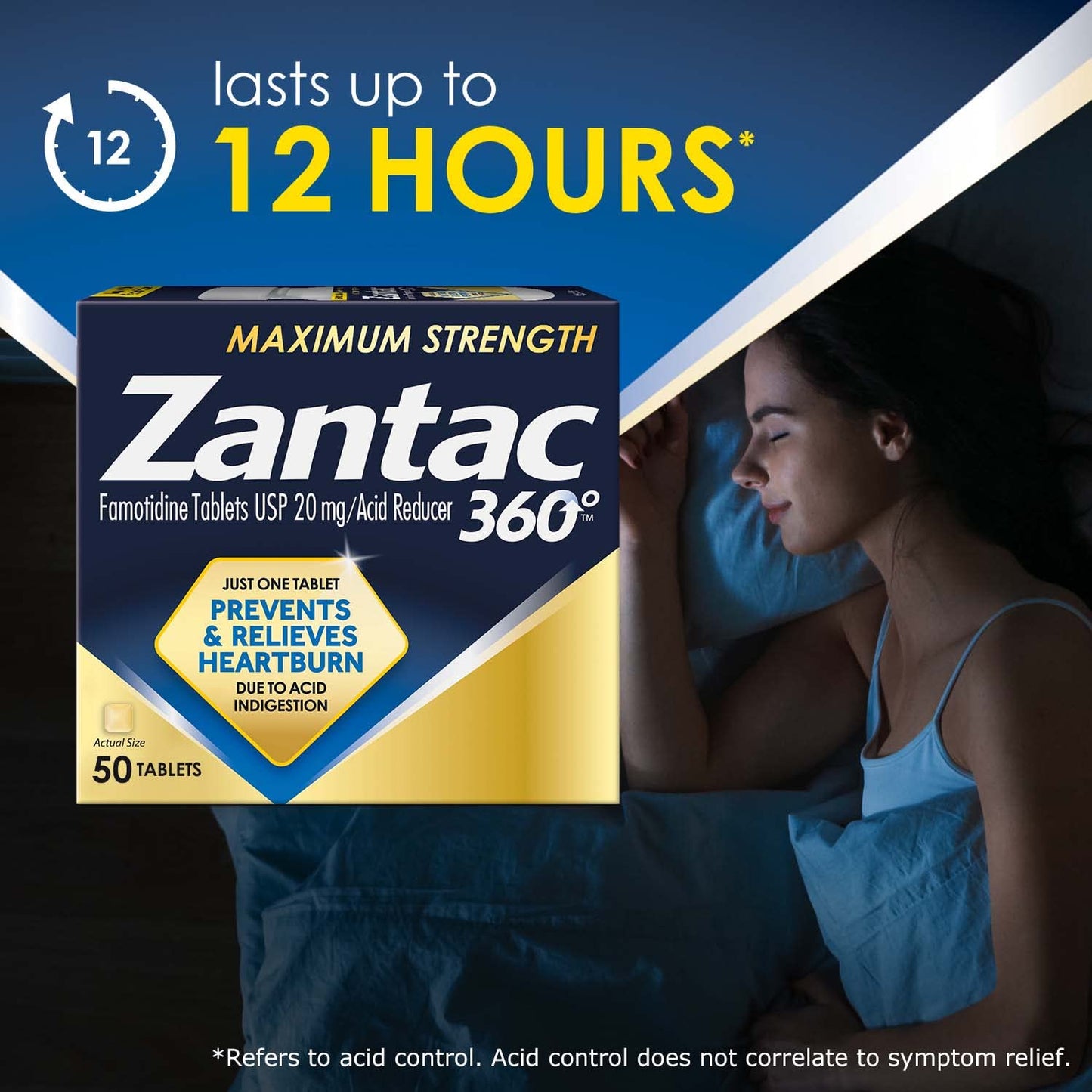 Zantac 360 Maximum Strength Heartburn Prevention and Relief Tablets, 20 mg Famotidine Pills with Targeted Relief to Control Acid Before Heartburn Starts, 50 Count (Pack of 2)