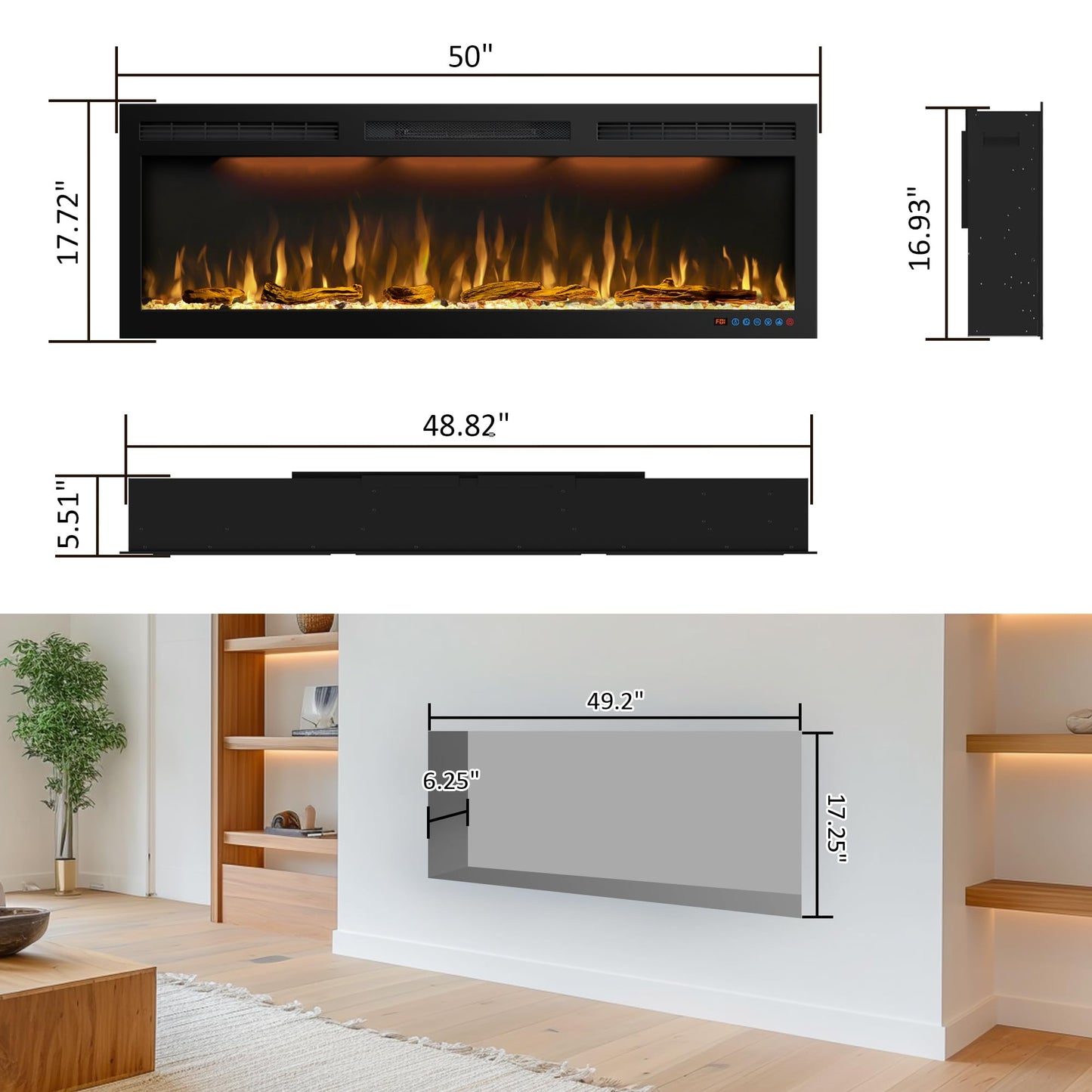 50 inches Electric Fireplace, Recessed and Wall Mounted Fireplace Heater and Linear Fireplace Inserts, with Timer, Remote Control, Adjustable Flame & Light Colors, 750W/1500W, Black