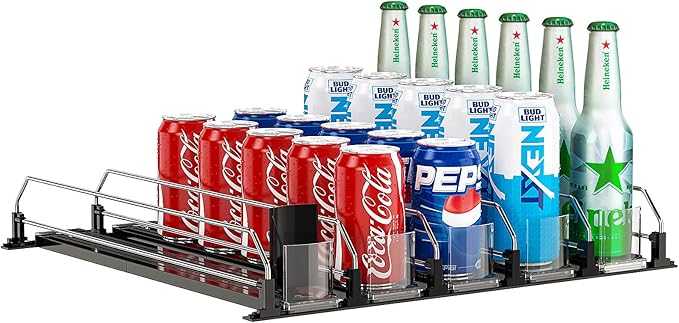 Soda Can Dispenser, Self-Pushing Drink Organizer, Width Adjustable Fridge Organization, Beer Pop Can Water Bottle Dispense...