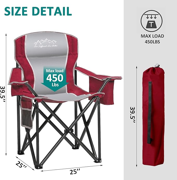 SAILARY 2PCS Folding Camping Chair Portable Outdoor Heavy Duty Padded Chairs Lawn Chair with Cup Holder, Storage Pocket and Cooler Bag, Supports 450LBS Red