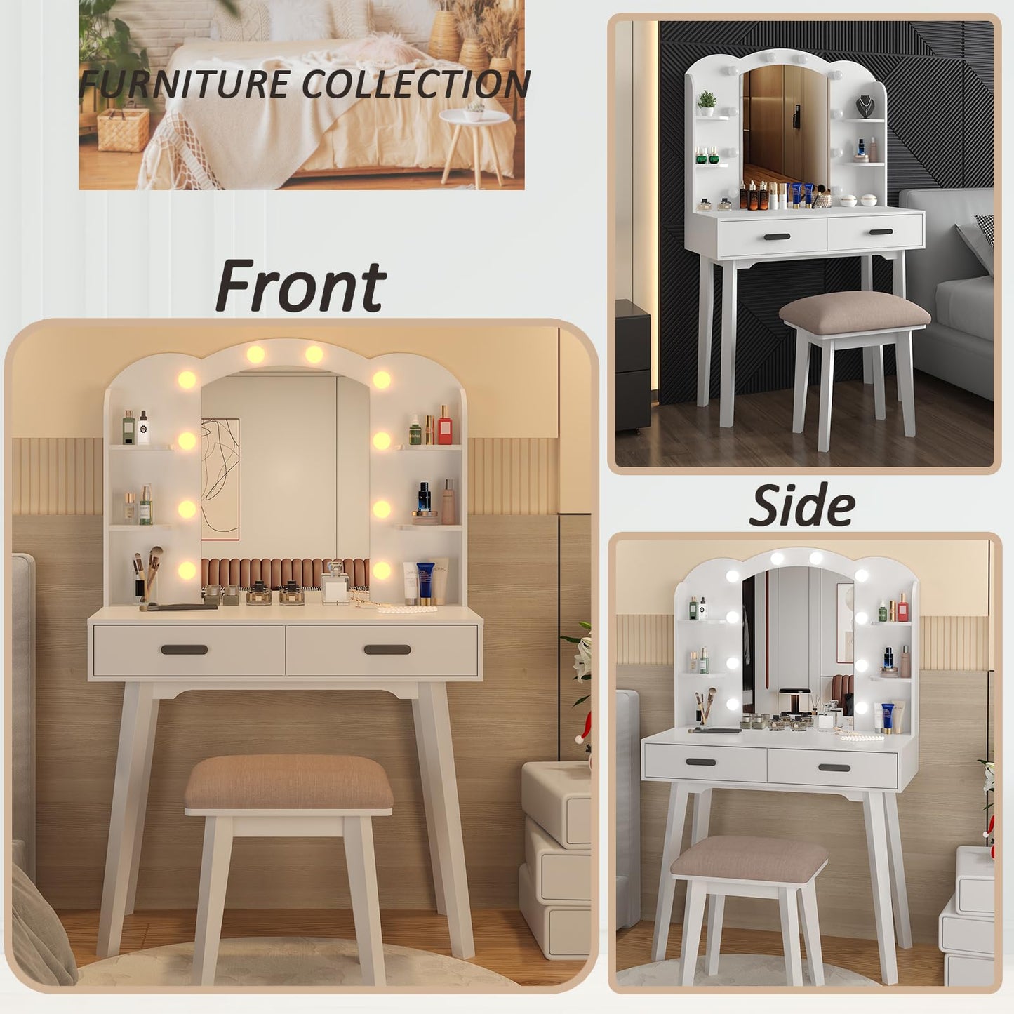 HIULOG Makeup Vanity Desk with Mirror, Vanity Desk with Lights and Mirror, Makeup Vanity with Drawers and Chair White Dressing Table