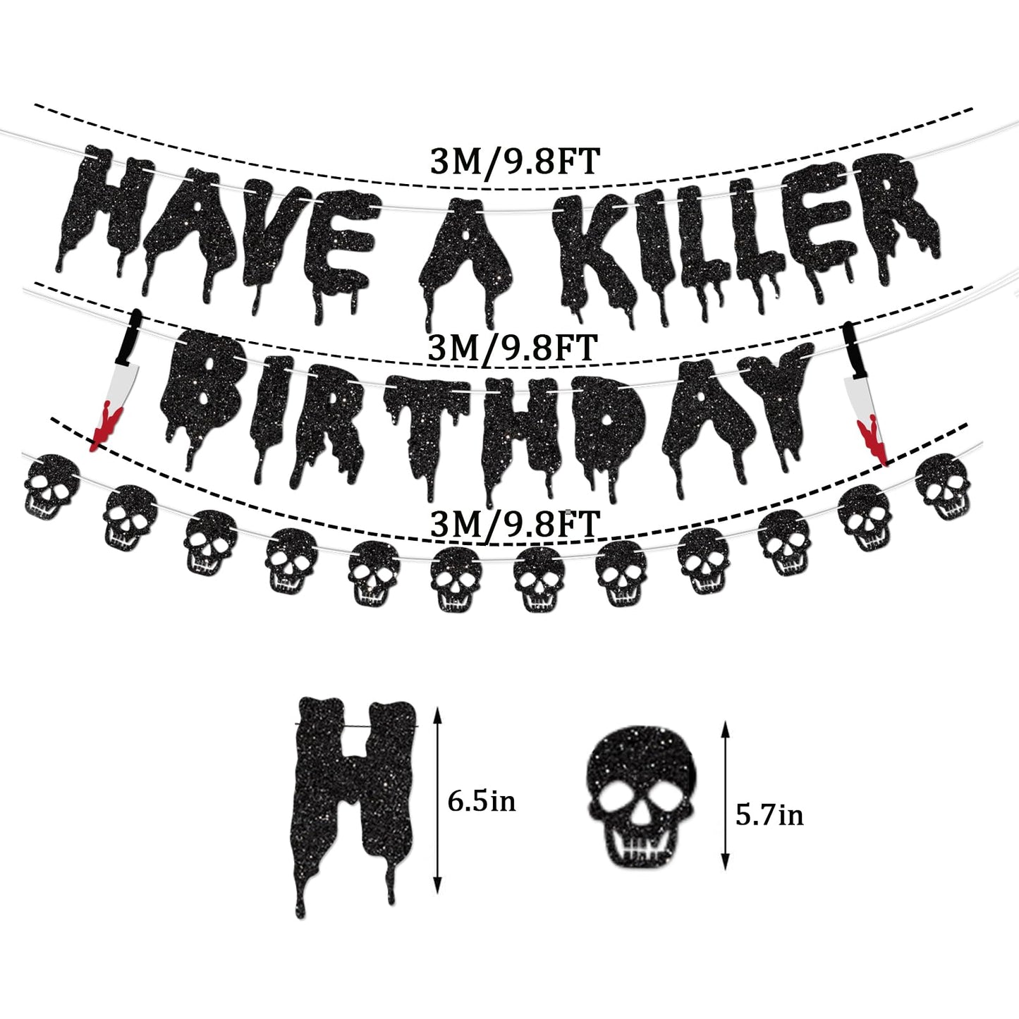 Glitter Have a Killer Birthday Decorations Banner Black Halloween Skull Banner Horror Movie Party for Halloween Haunted House Party Decorations Theme Baby Shower Supplies