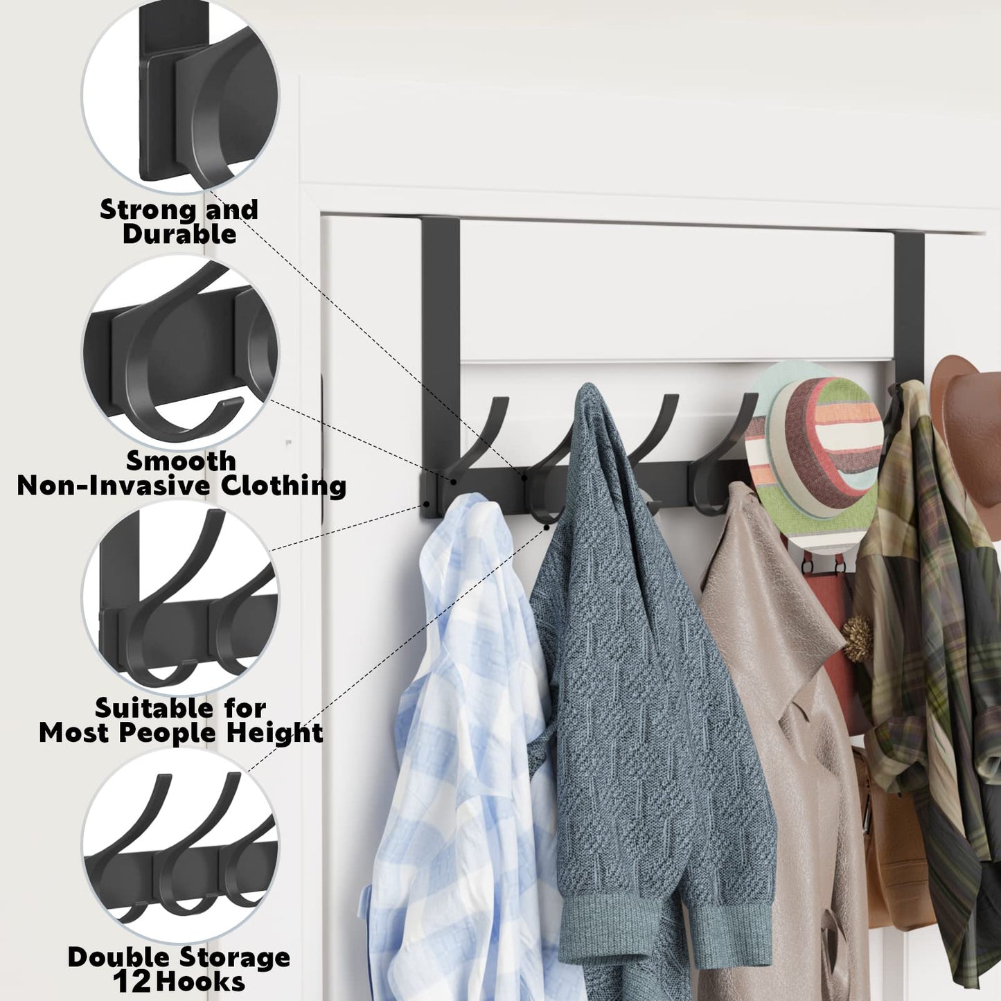 Peasulin Over The Door Hooks, Sturdy Door Hanger, Large Over The Door Towel Rack with 12 Hooks, Heavy Duty Easy to Install, for Bathroom, Bedroom，Kitchen，Hanging Towels, Coats (Black).