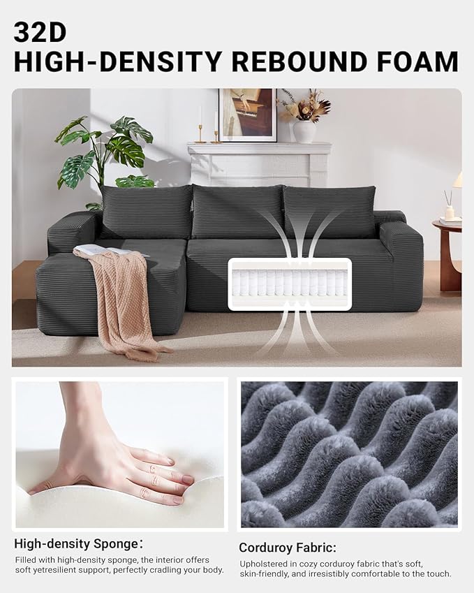 97" Cloud Sectional Couch,Modern Modular Sectional Sofa with Deep Seat,Corduroy Boneless Couches with L-Shape Chaise for Living Room Bedroom,No Assembly Required (Grey, 97" Left Facing Chaise)