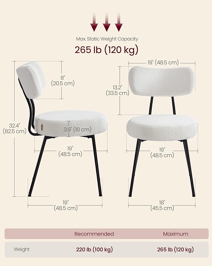 VASAGLE Boucle Dining Chairs Set of 6, Upholstered Kitchen Dining Room Chairs with Curved Backrest and Steel Frame, Modern Mid Century, Round, for Vanity, Living Room, Cream White UKDC110W16