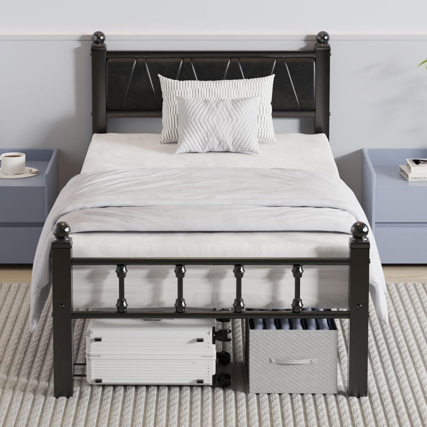 Slumber Haven Platform Bed Frame Twin with Faux Leather Headboard, Twin Size Bed Frames with 1300lbs Capacity Heavy Duty Metal Slats Support, No Box Spring Needed/Noise-Free/Easy Assembly, Black