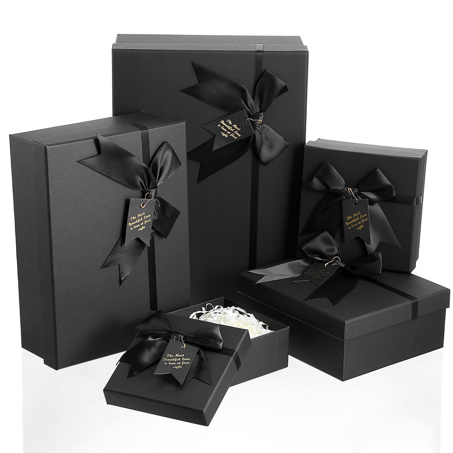 5 Pack Black Nested Gift Boxes with Lid for Valentine's Presents, 5 Sizes Luxury Packaging Box with Ribbon Bows and Label Gift Wrap for Thanksgiving Birthday, Weddings, Mother's Day 13.7'' to 5.1''