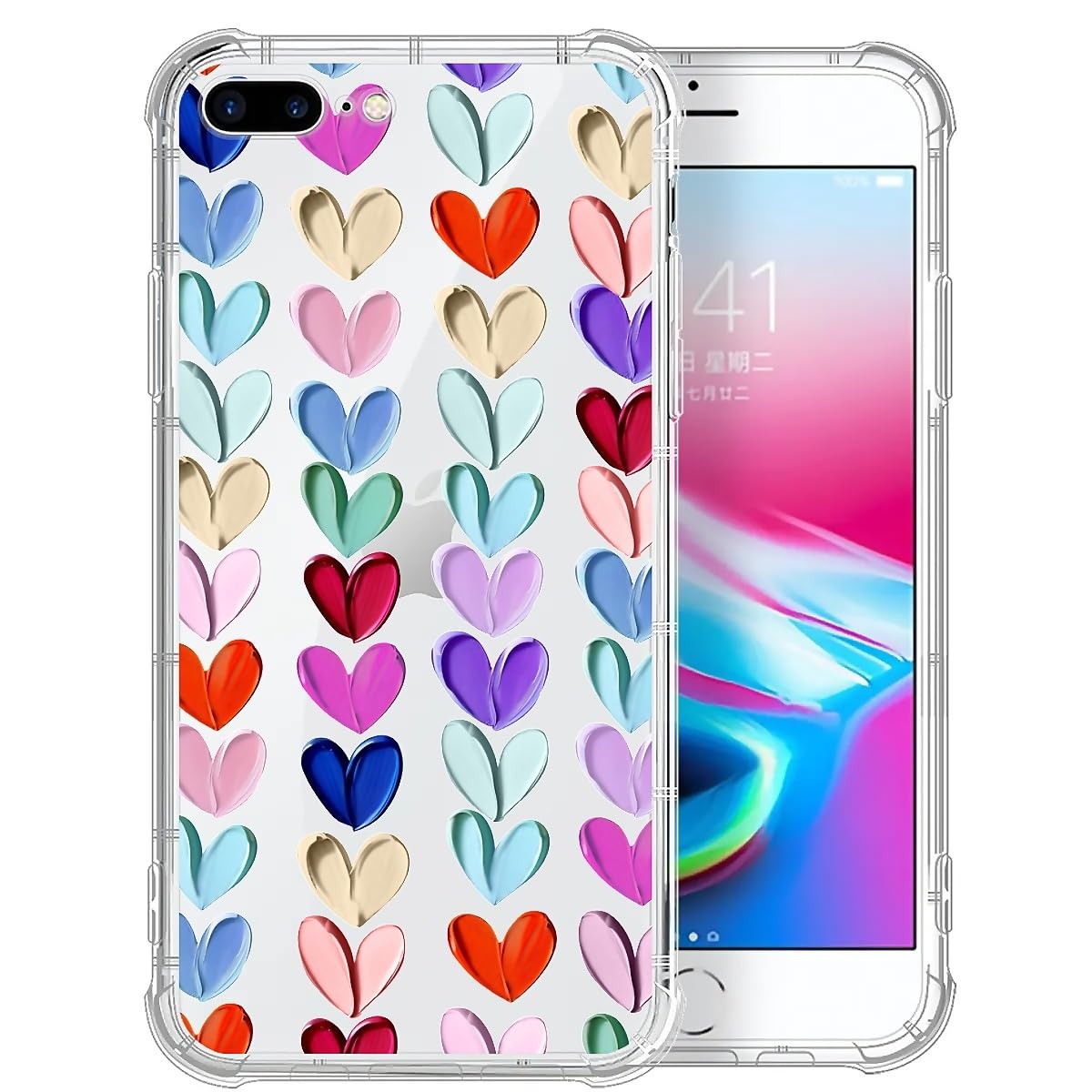 Tamefox Case Compatible With Clear Iphone 8 Plus 7 Plus,Oil Painted Heart Slim-Fit Shock-Resistant Raised Bezel Camera Protectio
