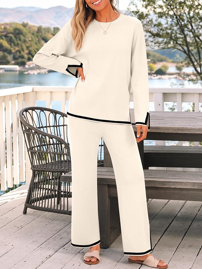 LILLUSORY Women Fall 2 Piece Lounge Set Outfits Sweatsuits Long Sleeve Sweater Tops Wide Leg Pants
