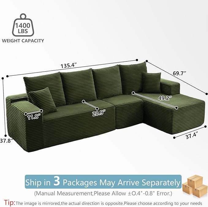 135.4" Cloud Sectional Couch with L-Shape Chaise, Modern Corduroy Boneless Couch for Living Room,Memory Foam Sofa with Deep Seat,No Assembly Required (Green,Right-Facing Chaise)