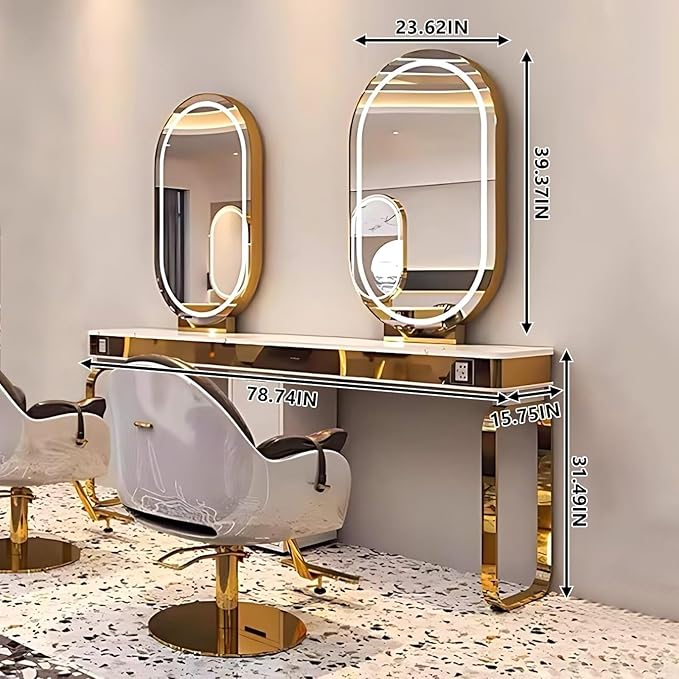 Golden Salon Station for Hair Stylist (Oval LED Mirror)(Storage Cabinets), Barber Station with Light Luxury Style