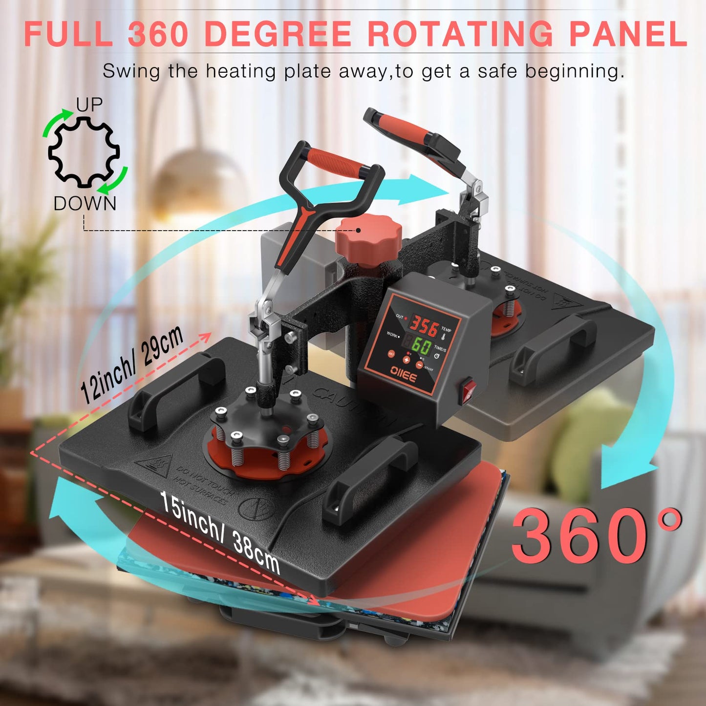 OIIEE Heat Press Machine 5 in 1 Combo Heat Press 12 x 15 Inch Heat Transfer Machine 360-Degree Swing Away Digital Shirt Printing Multifunction Heat Transfer Sublimation for T Shirts Mugs Hat Plate Cap