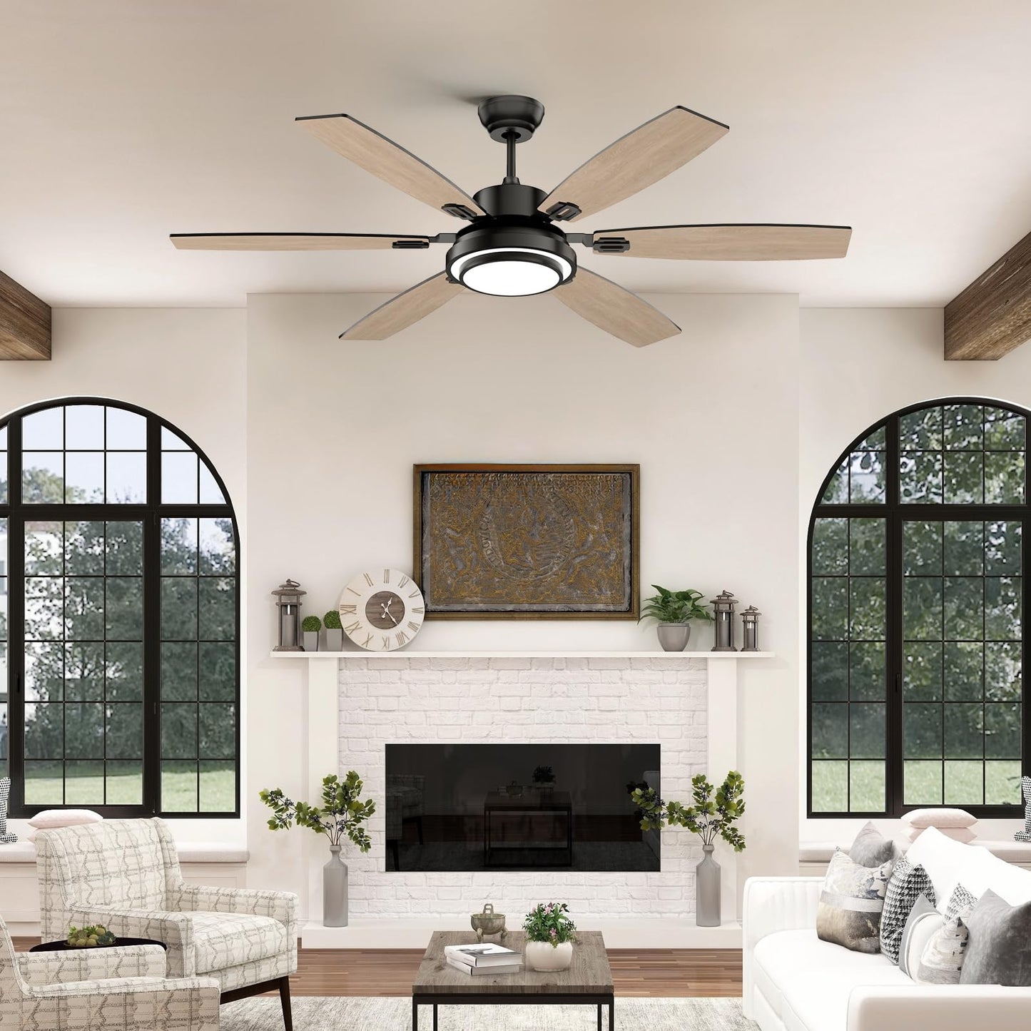 Fanbliss 60 Inch Black Large Ceiling Fans With Lights And Remote Control For Living Room, Modern Ceiling Fan With Quiet Reversib