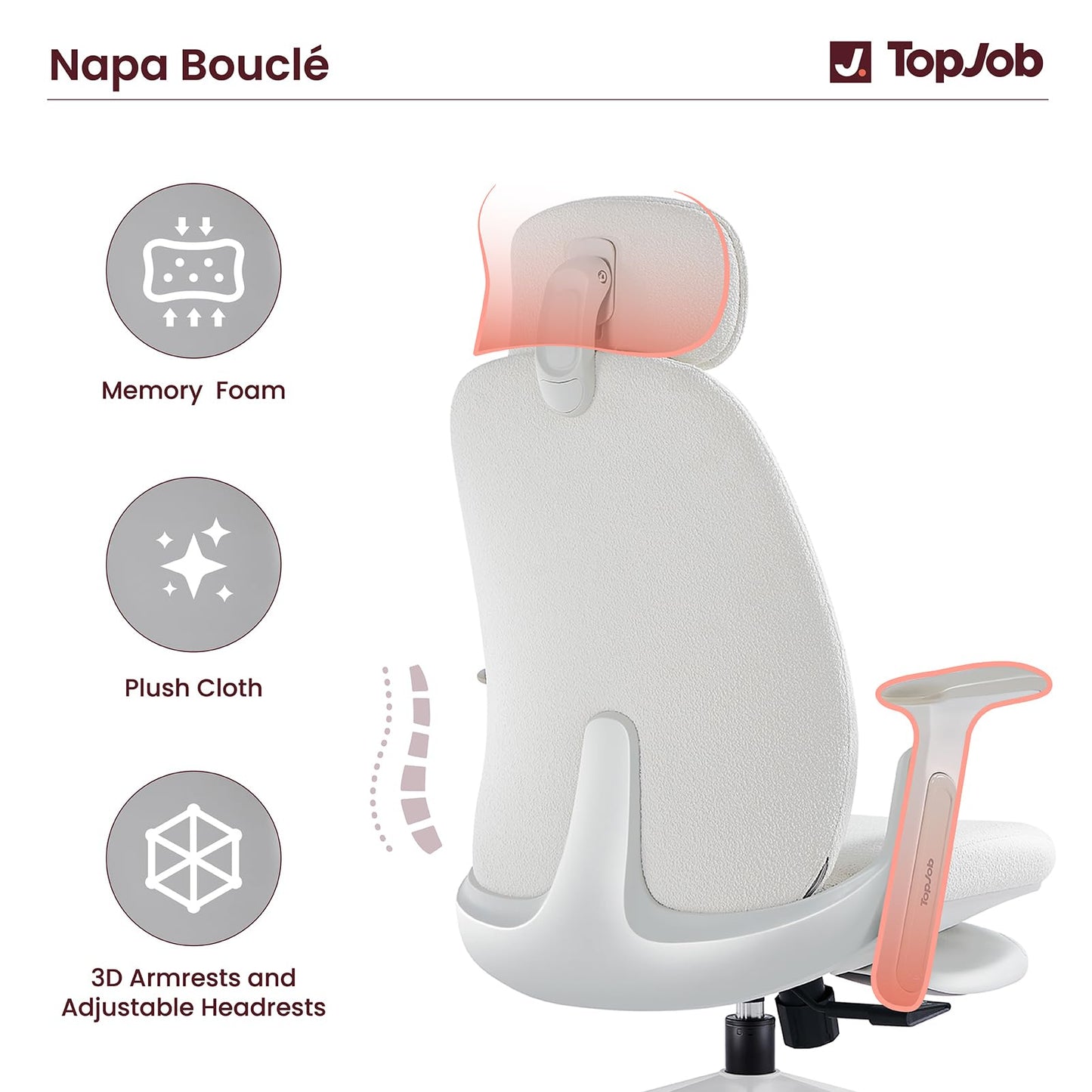 TopJob Designer Office Chair, Napa Bouclé Ergonomic Chair, Ergonomic Home and Office Chiar with Headrest and Footrest, Ergonomic High-Back Bouclé Cream Rolling Work Swivel Chairs (Cream)