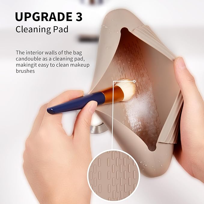 2 IN 1 Silicone Makeup Brush Holder with Beauty Make Up Sponge Holder Case：Soft Portable Cosmetic Face Brushes Holder with Upgrade Anti-Fall Out Magnetic Closure - Walnut