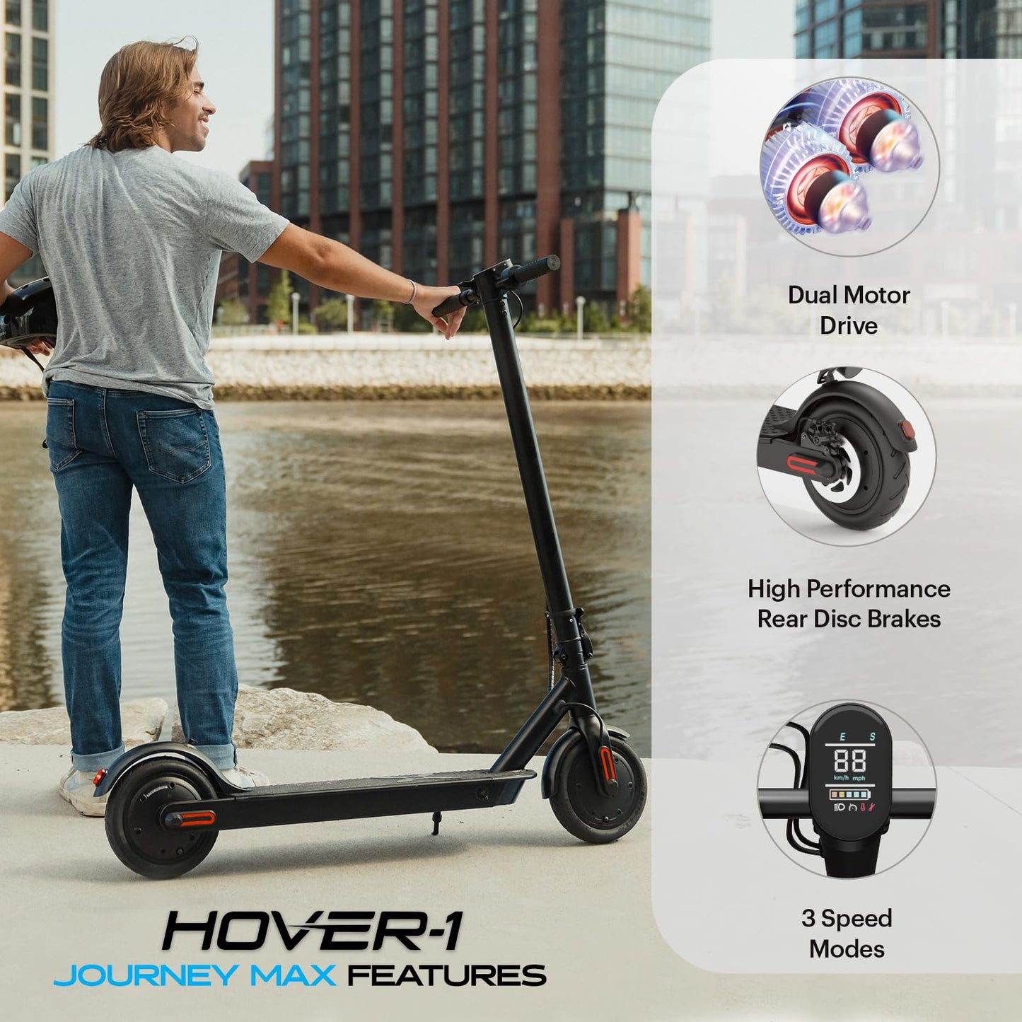 Hover-1 Journey Max Adult Electric Scooter with 700W Brushless Dual Motor Hill Climber, 19 mph Max Speed, and 26 Mile Range Commuter Scooter For Adults and Teens.