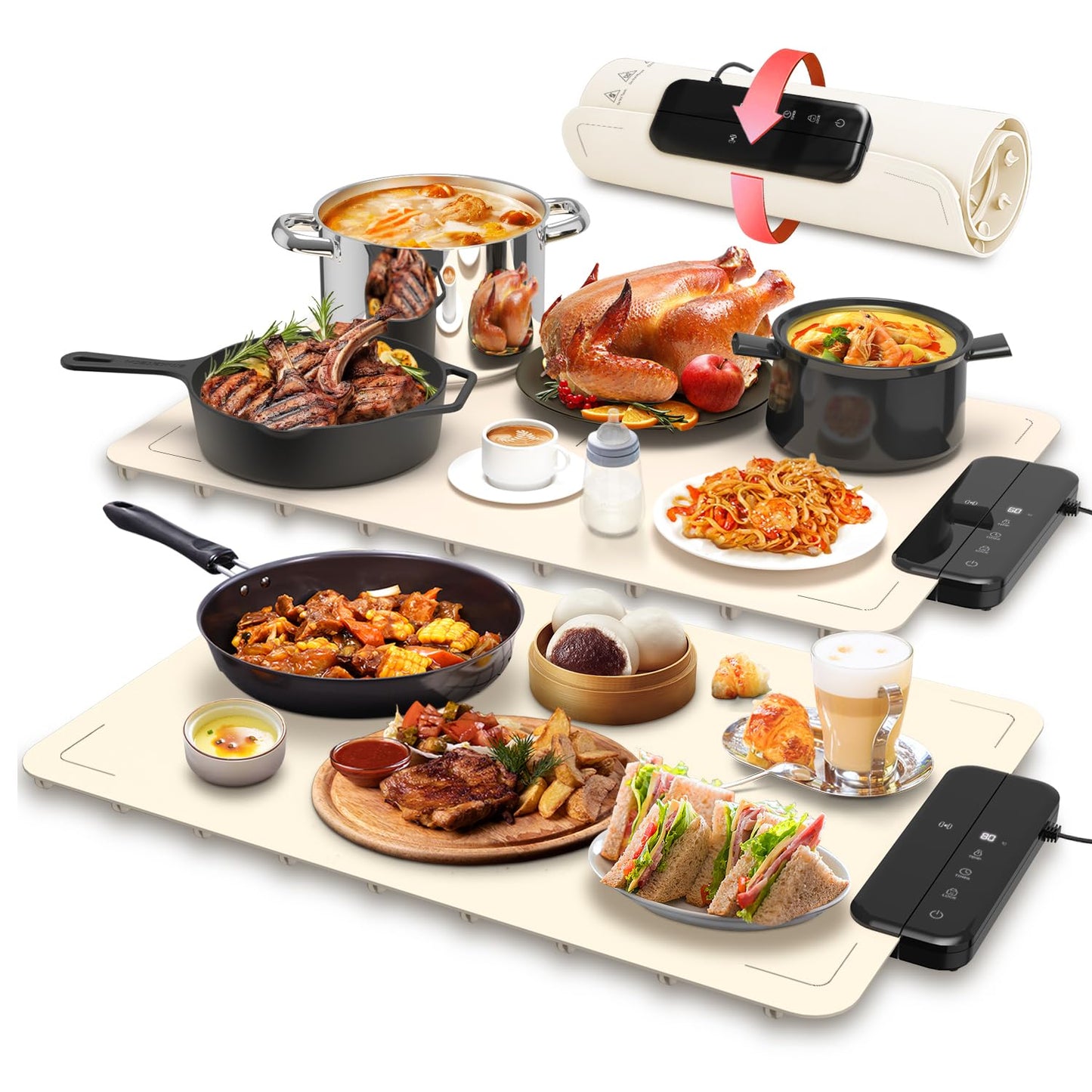 Electric Warming Mat for Food, ZAPLIT 24''x16 Washable Silicone Warming Tray with 6 Temp Settings, 6 Timers, Child Lock, and Auto Standby — Food Warmer for Buffet, Gathering, and Party (Beige/ 2 Pack)
