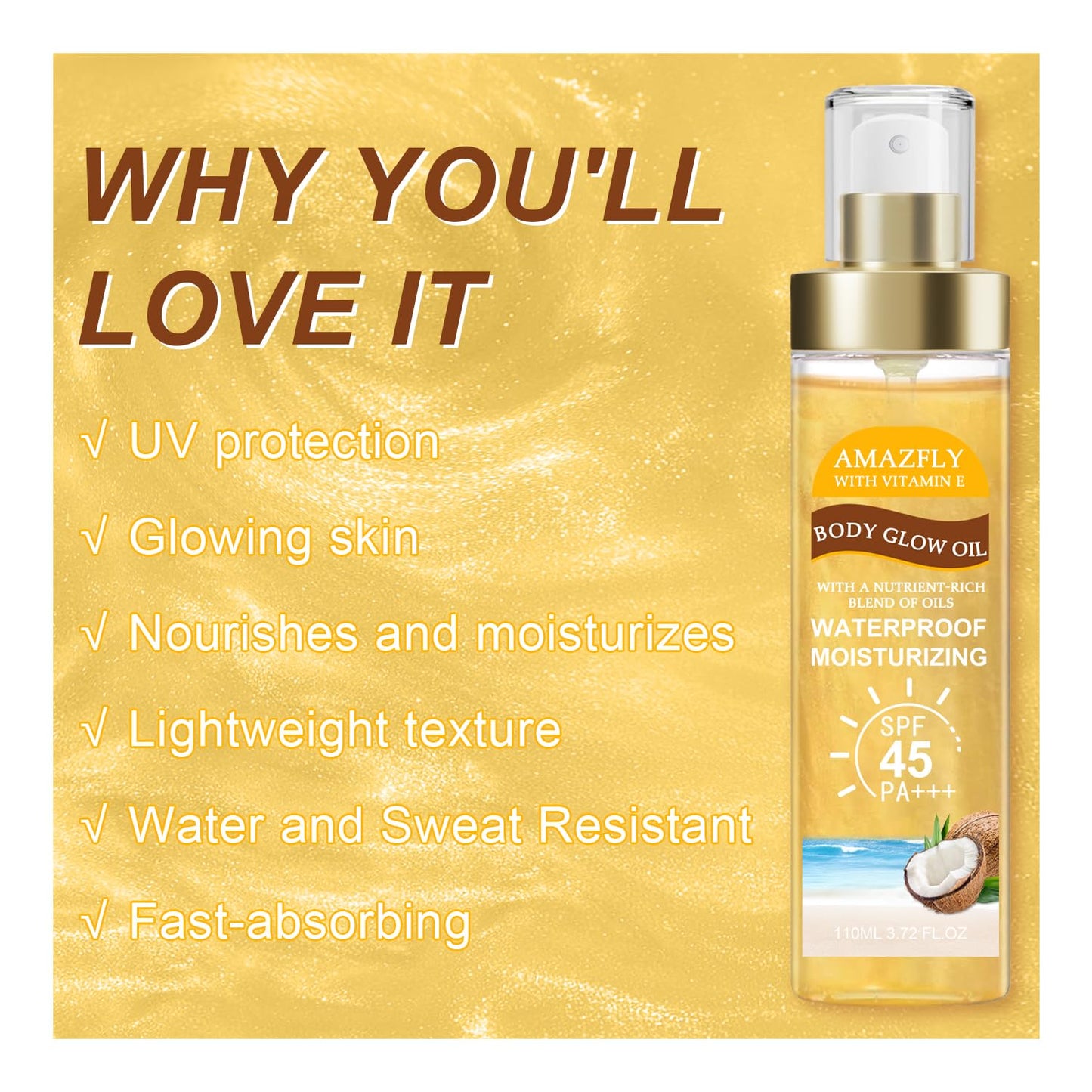 Body Glow Oil, SPF 45 PA+++, Sunscreen Body Oil with Rose Gold Mica, Moisturizing Coconut with Vitamin E, Glow Moisturizer, Ligh