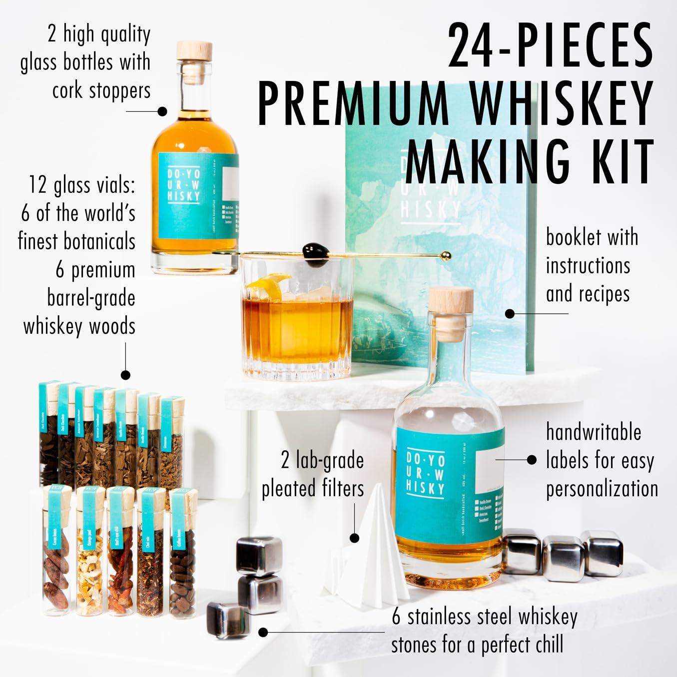 DO Your Whisky | DIY Whiskey Infusion Set | Whiskey Making Kit | 12 Woodchips & Botanicals | 6 Whiskey Stones & Recipe Guide Anniversary, or Birthday Gift for Him