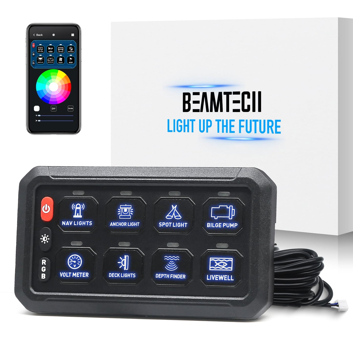 BEAMTECH 8 Gang Switch Panel, APP Remote Control RGB Toggle Momentary Pulsed Circuit Control Relay System Box Auxiliary Touch Control Switch LED Light Controller for Off Road ATV Car Truck