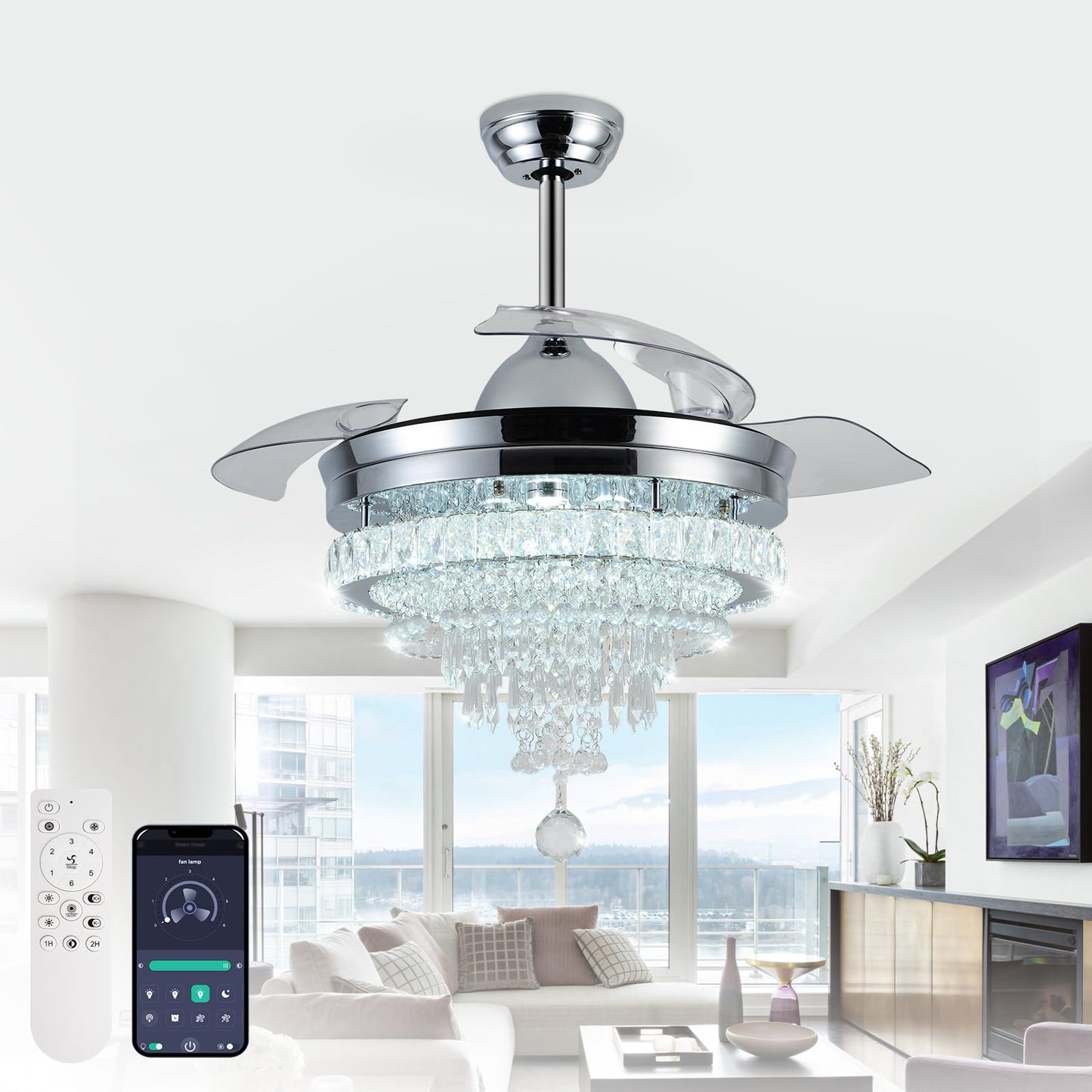 LEONTYNE 42" Modern Crystal Chandelier Ceiling Fan with Light & Remote,Dimmable LED Fandelier for Bedroom Living Room,3 Color Temperatures,6 Speeds,Retractable Blades,Timing & Memory Function