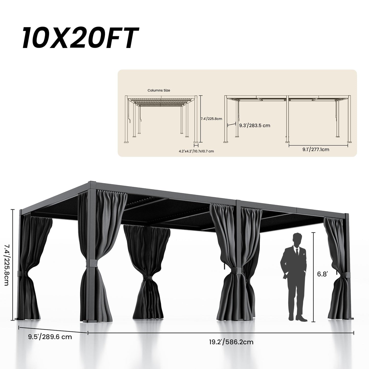 COSIEST 10'X20' Aluminum Louvered Pergola, All-Weather Adjustable Roof with Mosquito-Proof & UV Protection Netting Privacy Curtains for Deck, Backyard, Garden Outdoor Living Space (Black)