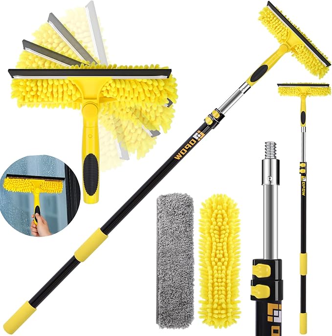 150'' Long Reach Window Squeegee with Telescoping Extension Pole, 2-in-1 Indoor/Outdoor Cleaning Tool with 270° Rotatable Head, Lightweight Alloy Aluminum Pole for Shower Door, Mirror, Car Windshield