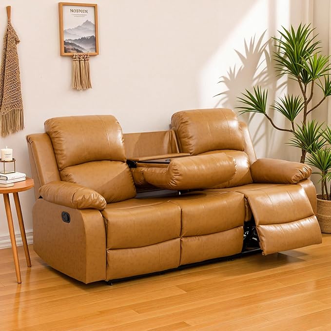 JBXBER Manual Recliner Sofa Set for Living Room, Leather Reclining Sofa Sets, Faux Leather Couch Set with Cup Holders, Drop-Down Table and Storage Console(Sofa,Ginger)