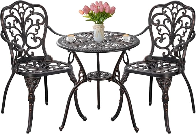 Withniture Bistro Set 3 Piece Outdoor Bistro Table and Chair Set of 2 Cast Aluminum Patio Furniture with Umbrella Hole,Patio Bistro Table Sets for Garden,Yard(Brown)