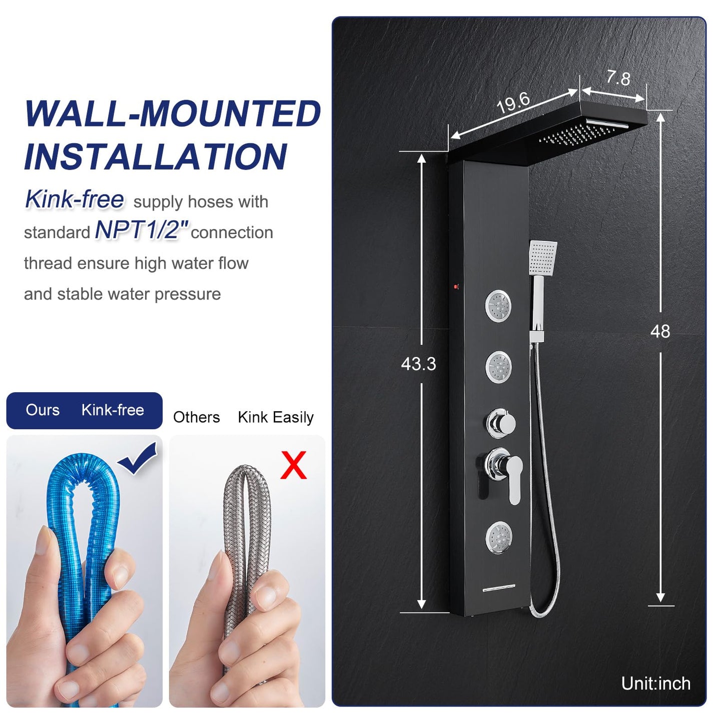 ROVATE LED Shower Panel Tower System with Rainfall Waterfall Shower, Black Shower Tower with Jets and Rainfall and Handheld, 5 in 1 Stainless Steel Shower Column High Pressure with Tub Spout