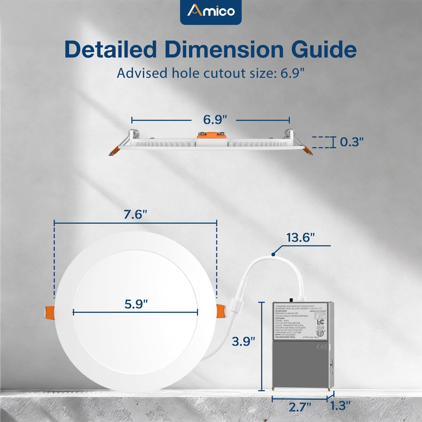 Amico 12 Pack 7 Inch 5CCT Ultra-Thin LED Canless Recessed Ceiling Light with Junction Box, 2700K/3000K/3500K/4000K/5000K Selectable, 15W=100W, 1300LM High Brightness, Dimmable Wafer Downlight, ETL&FCC
