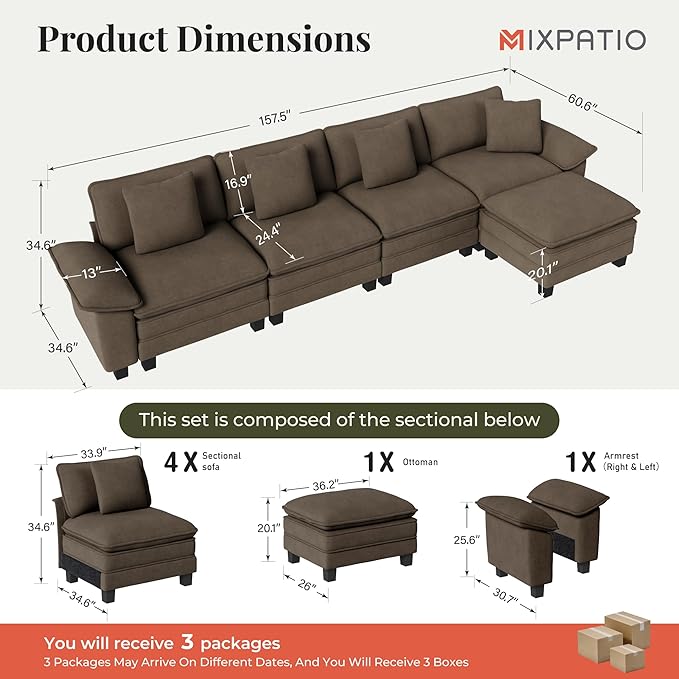 MIXPATIO 157-Inch L Shaped Sectional Sofa with Cloud Cushions, Deep Seat Modular Couch Set w/ 5 Seats & 1 Ottomans, Removable Arms, Plush Chenille Upholstery for Living Room, Apartment - Taupe
