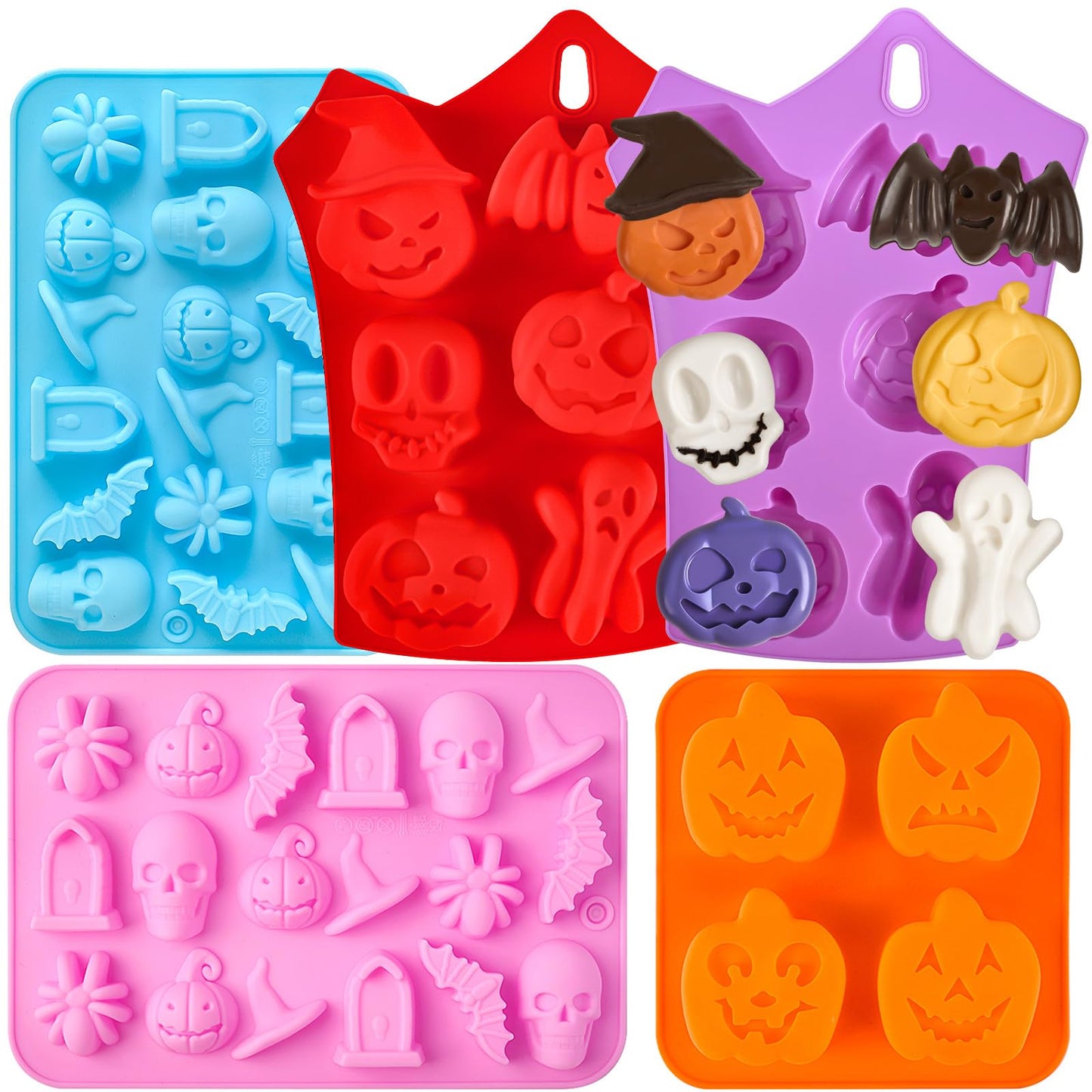 JOERSH Halloween Chocolate Silicone Molds, 5PCS Pumpkin Bat Skull Ghost Spider Shaped Cake Mold Non Stick Baking Pan for Cupcake, Muffin, Candy, Jello, Soap, Candle, Cake Decorating