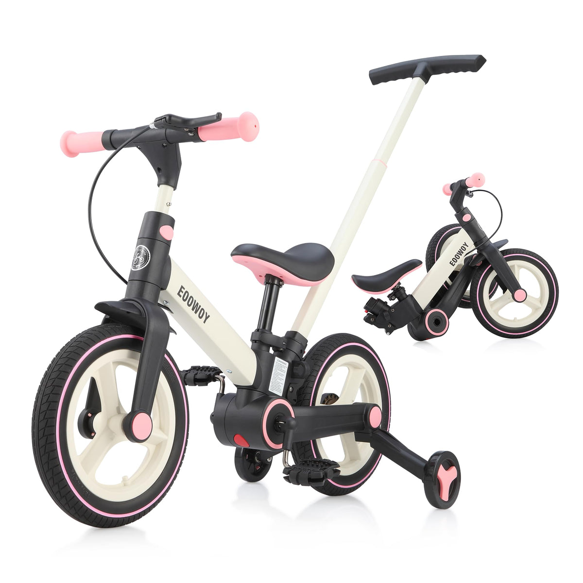 EOOWOY Balance Bike with Push Handle for Kids 18-60 Months, 6 in 1 Foldable Push Bike with Training Wheels & Pedals, Balance Bicycle for Boys and Girls with Brakes & Kickstand, Pink
