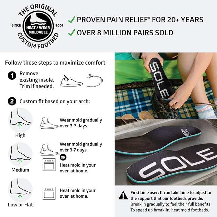 SOLE Active Thick Insoles - Custom Moldable Orthotic Support for Any Arch Type, Plantar Fasciitis Relief - Multiple Sizes