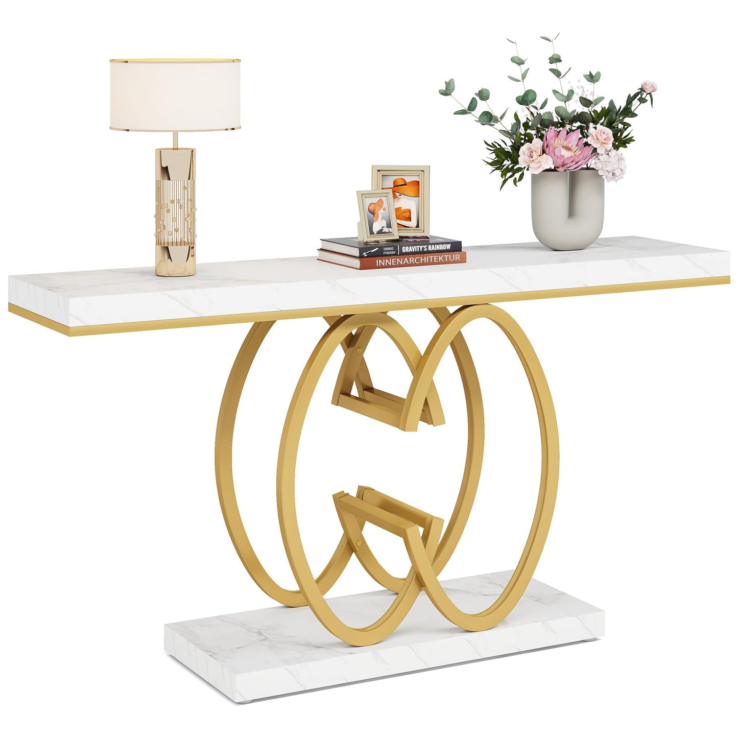 LITTLE TREE 55-Inch Gold Console Table for Entryway, Modern Faux Marble Foyer Table with Geometric Metal Legs, Narrow Long Sofa Table for Living Room