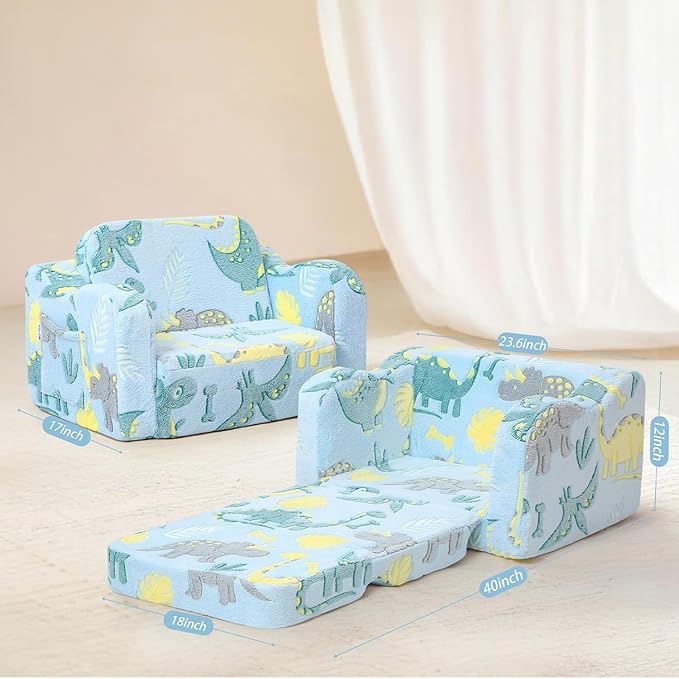 MeMoreCool Toddler Chair – Convertible Glowing Dinosaur Flip-Out Kids Sofa | 1–3 Years | Soft Foam Couch for Playroom, Reading & Relaxing | Fold-Out Lounge Seat with Washable Cover